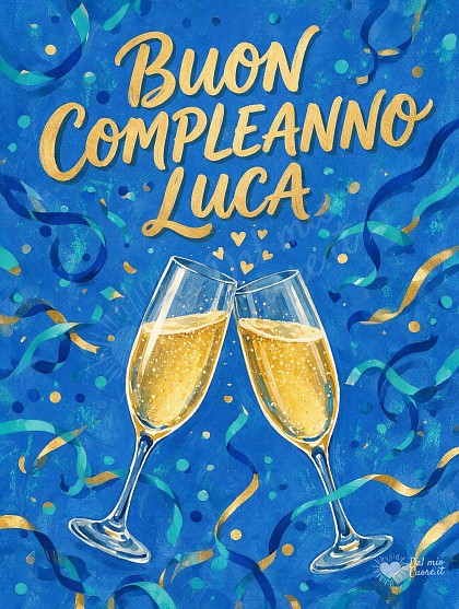 Due eleganti calici che brindano tra bollicine dorate, coriandoli blu.