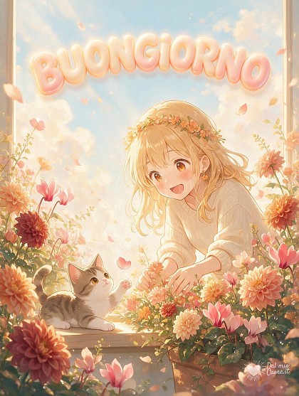 Una ragazza sorridente che cura vivaci fiori autunnali con un gattino curioso sotto la luce del mattino.