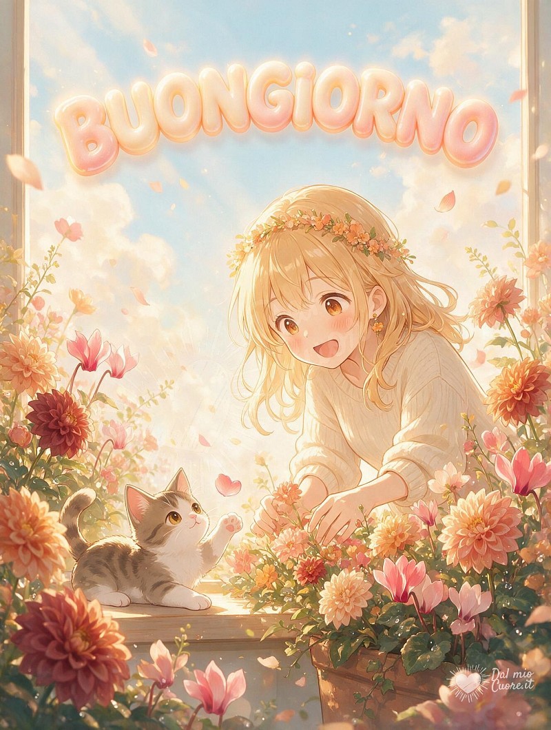 Buongiorno con fiori d'autunno e un dolce gattino