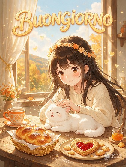 Ragazza, gattino e dolci da forno sul tavolo illuminato dal sole del mattino autunnale.