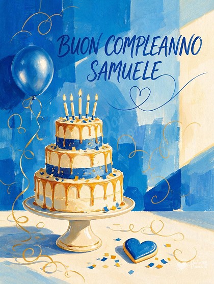 Una sontuosa torta glassata blu e crema, candeline accese scintillanti, coriandoli dorati e palloncini festosi.
