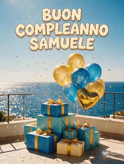 Composizione luminosa su terrazza mediterranea con pacchi regalo decorati da nastri dorati, palloncini fluttuanti azzurri.
