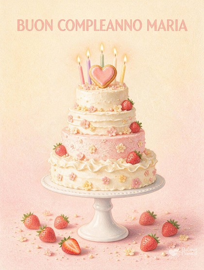 Una torta a piani con crema, fragole fresche e candeline accese.