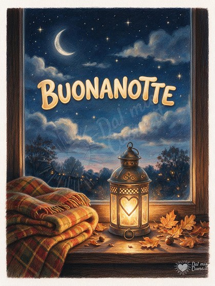 Una lanterna accesa con intaglio a cuore emana luce calda accanto a un morbido plaid di lana e foglie autunnali su un davanzale, con una finestra aperta sul cielo notturno stellato e la luna tra le nuvole.