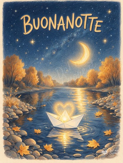 Una barchetta di carta origami che galleggia su un ruscello calmo sotto un cielo notturno pieno di stelle e una luna dorata, con una foglia autunnale.