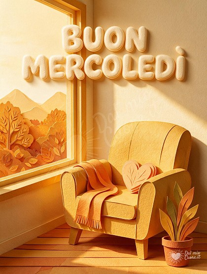 Poltrona accogliente, plaid arancione, finestra soleggiata e foglie autunnali.
