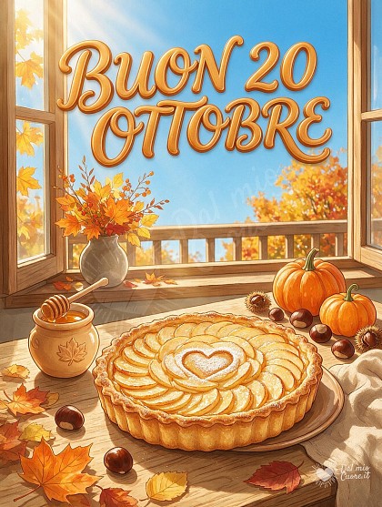 Illustrazione editoriale solare di una cucina luminosa con torta di mele appena sfornata, cannella e luce del mattino per il 20 ottobre.