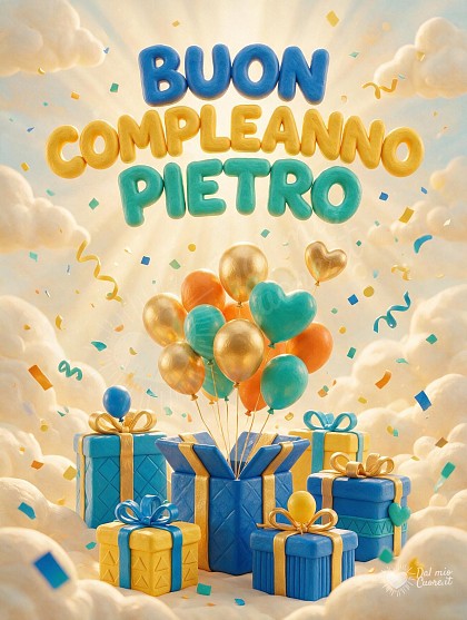 Pacchi regalo azzurri e dorati, palloncini fluttuanti e coriandoli luminosi.