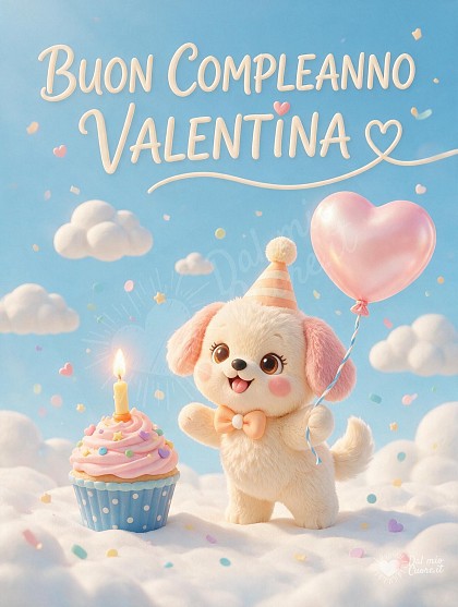 Tenero cucciolo modellato soffice con cappellino da festa, palloncino a forma di cuore e cupcake celebrativo.