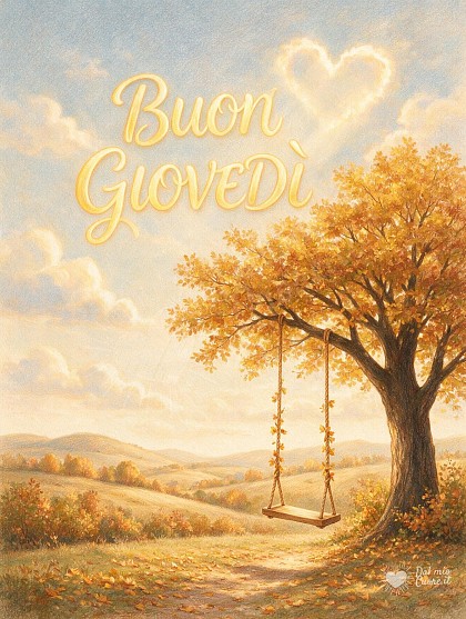 Un paesaggio autunnale aperto con una dolce altalena di legno sotto un albero dorato.