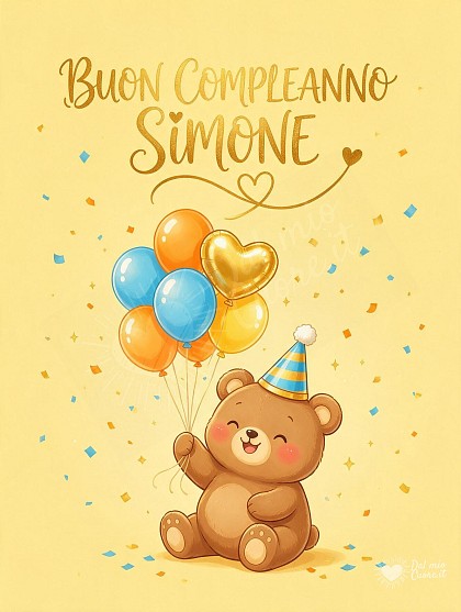 Un dolce orsetto con cappellino a cono, palloncini colorati e coriandoli festosi per il compleanno di Simone.