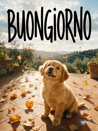 Tenero cucciolo biondo seduto su un patio rustico tra foglie autunnali baciato dal sole del mattino.