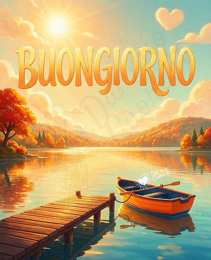 barchetta colorata ormeggiata a un molo di legno su un lago placido, bagnato da una luce dorata autunnale tra nuvole soffici.