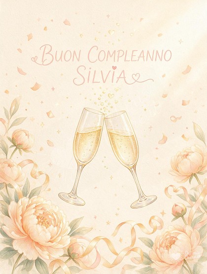 Due calici di spumante scintillanti che brindano, bollicine dorate, nastri festosi e delicati cuori.