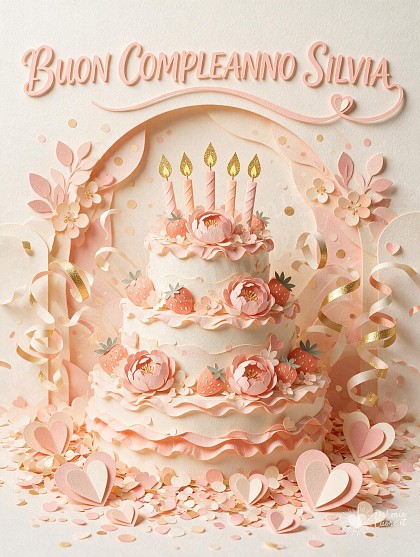 Una torta di compleanno a più piani decorata con fragole, fiori e candeline accese dai dettagli dorati.