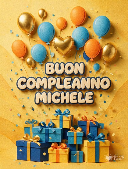 Pacchi regalo, palloncini fluttuanti azzurri e dorati.