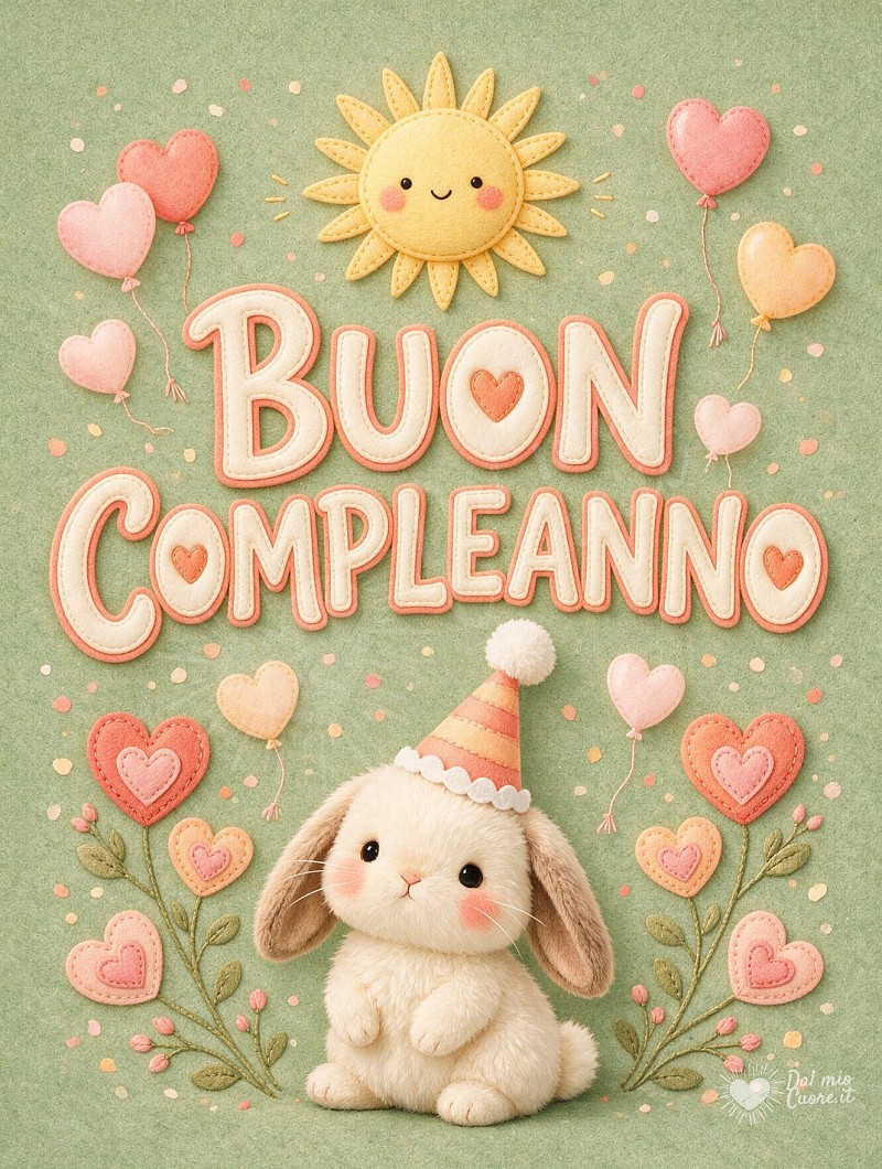 Buon compleanno con un tenero coniglietto e cuori