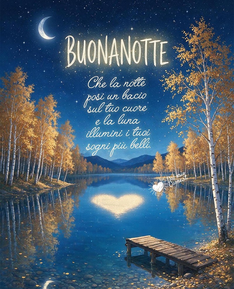 Buonanotte con frase e luna riflessa sul lago d'autunno
