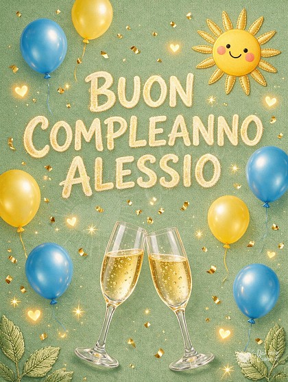 Due calici da spumante che brindano con bollicine dorate, coriandoli luminosi, palloncini azzurri e un sole sorridente.