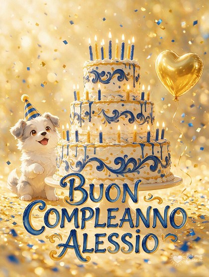 Spettacolare torta artigianale a più piani con glassa crema e blu cobalto, candeline dorate accese, coriandoli luminosi.