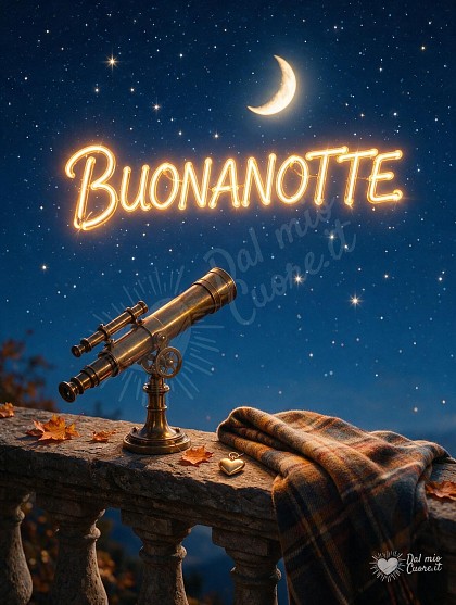 Un telescopio in ottone su una terrazza rustica sotto una magnifica volta celeste punteggiata di stelle con la luna crescente.