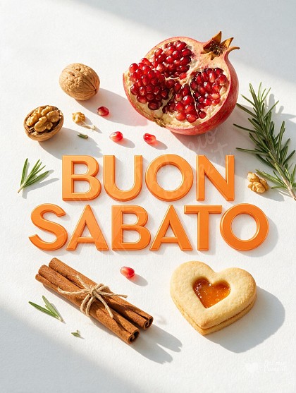 Fondo bianco con melagrana matura aperta, noci, bastoncini di cannella e biscotto a cuore.