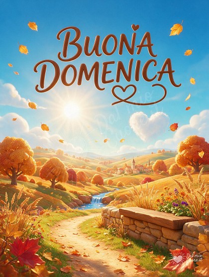 Paesaggio collinare autunnale con alberi dorati, foglie colorate e un cielo luminoso.