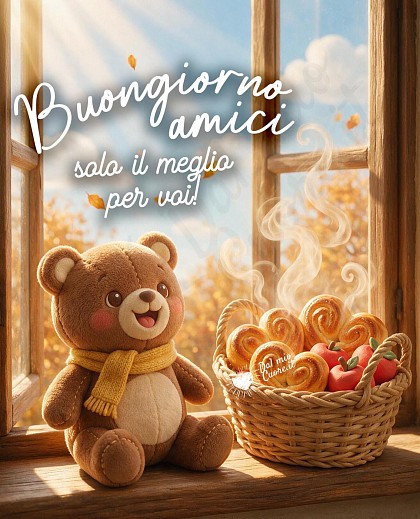 Un tenero orsetto, dolci fragranti a forma di cuore, un cestino di mele.