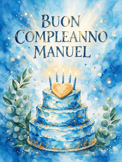 Una scenografica torta di compleanno a più piani glassata in crema e sfumature azzurre con candeline dorate accese, stelle filanti e dettagli luminosi.