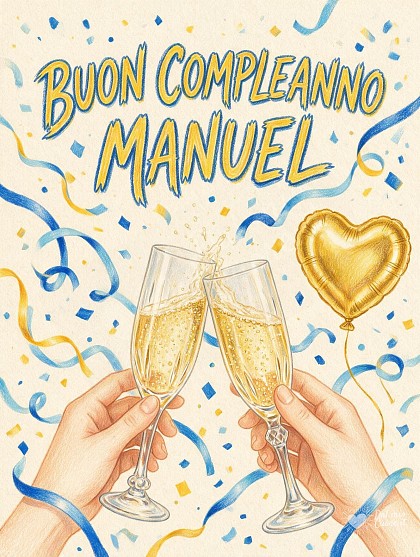 Due eleganti calici di spumante scintillanti con bollicine dorate, coriandoli blu e azzurri, nastri festosi.