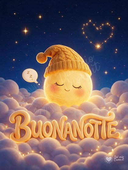 Una grande luna sorridente che dorme su soffici nuvole illuminate da stelle.