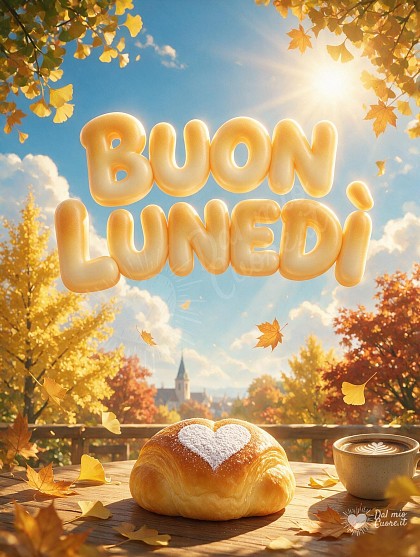 Un mattino autunnale con sole che filtra tra nuvole soffici e alberi dorati.