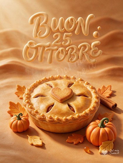 Una torta di mele appena sfornata decorata con frollini a forma di cuore e piccole zucche autunnali.