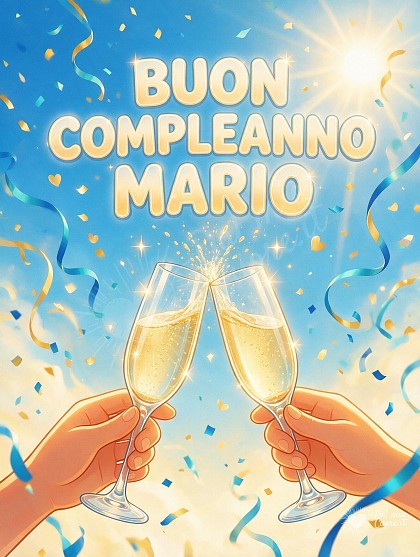 Calici scintillanti colmi di bollicine dorate, coriandoli blu e azzurri, nastri festosi.
