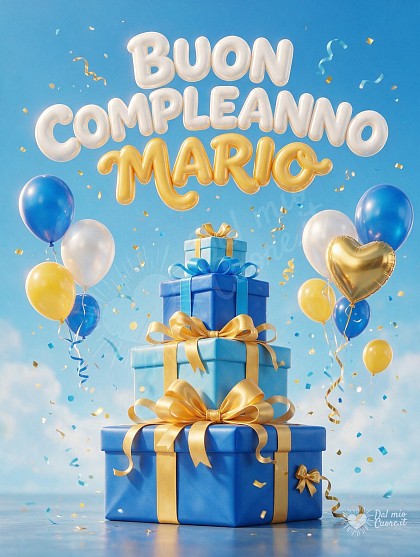 Pacchi regalo dai grandi fiocchi lucidi, grappoli di palloncini blu e dorati e coriandoli a mezz'aria.