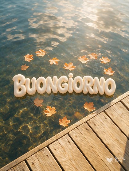 Un pontile di legno chiaro che si affaccia su acque cristalline e calme, con foglie autunnali arancioni.