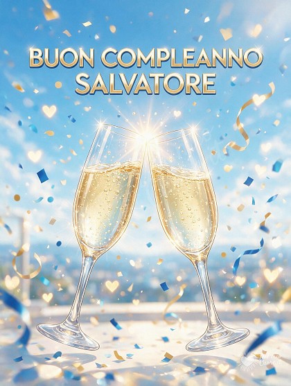 Calici di cristallo scintillanti per un brindisi, bollicine dorate, coriandoli blu e oro.