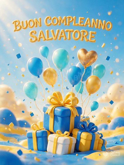 Pacchi regalo, fiocchi lucidi, grappoli di palloncini azzurri e dorati e coriandoli festosi.