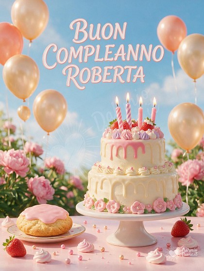 Deliziosa torta di compleanno artigianale a piani, decorata con glassa crema e fragole, candeline accese e palloncini lucidi.