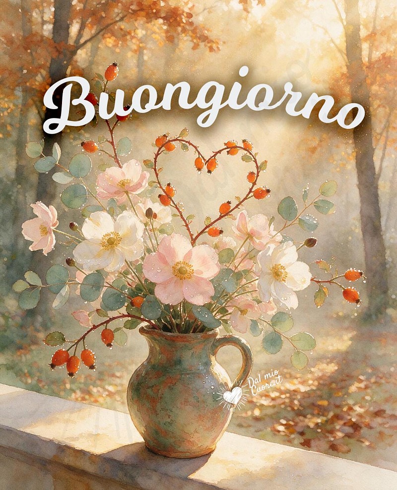 Buongiorno con anemoni d'autunno e rugiada del mattino