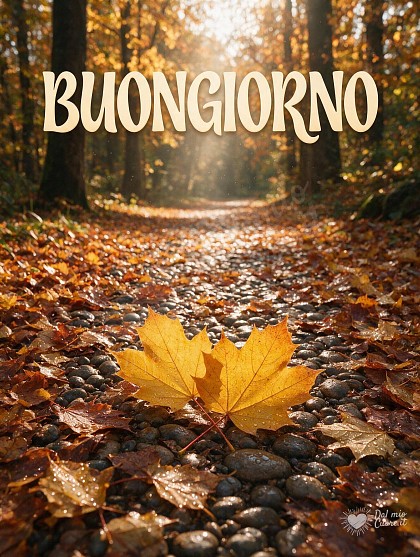 Un sentiero naturale in autunno con foglie dorate bagnate dalla rugiada, raggi di sole mattutino tra gli alberi.