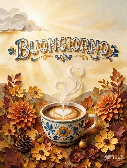 Una tazzina di caffè fumante decorata a cuore, circondata da fiori autunnali e foglie dorate.