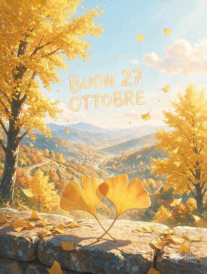 Foglie dorate di ginkgo mosse dal vento, cielo con nuvole luminose.