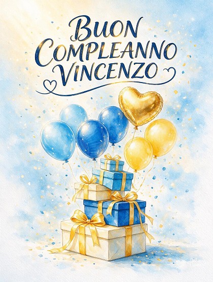 Pacchi regalo infiocchettati, grappoli di palloncini azzurri e dorati con un tocco a cuore e coriandoli festosi.