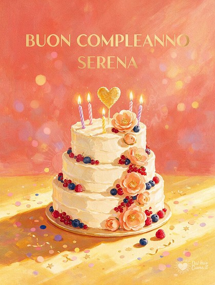 Una torta artigianale a piani con glassa vellutata, candeline accese, fragoline di bosco e dettagli floreali per il compleanno di Serena.