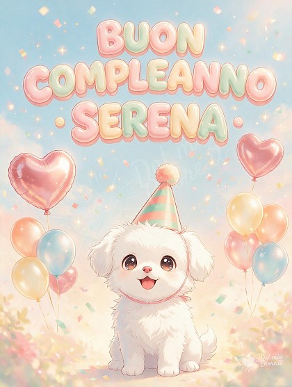 Un soffice cucciolo bianco con cappellino da festa a righe pastello, coriandoli dorati e un palloncino a forma di cuore.