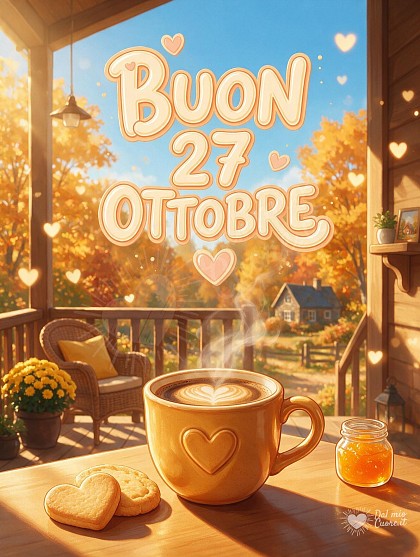 Una colazione autunnale con tazza fumante decorata a cuore, frollini dorati e raggi di sole su una veranda luminosa.
