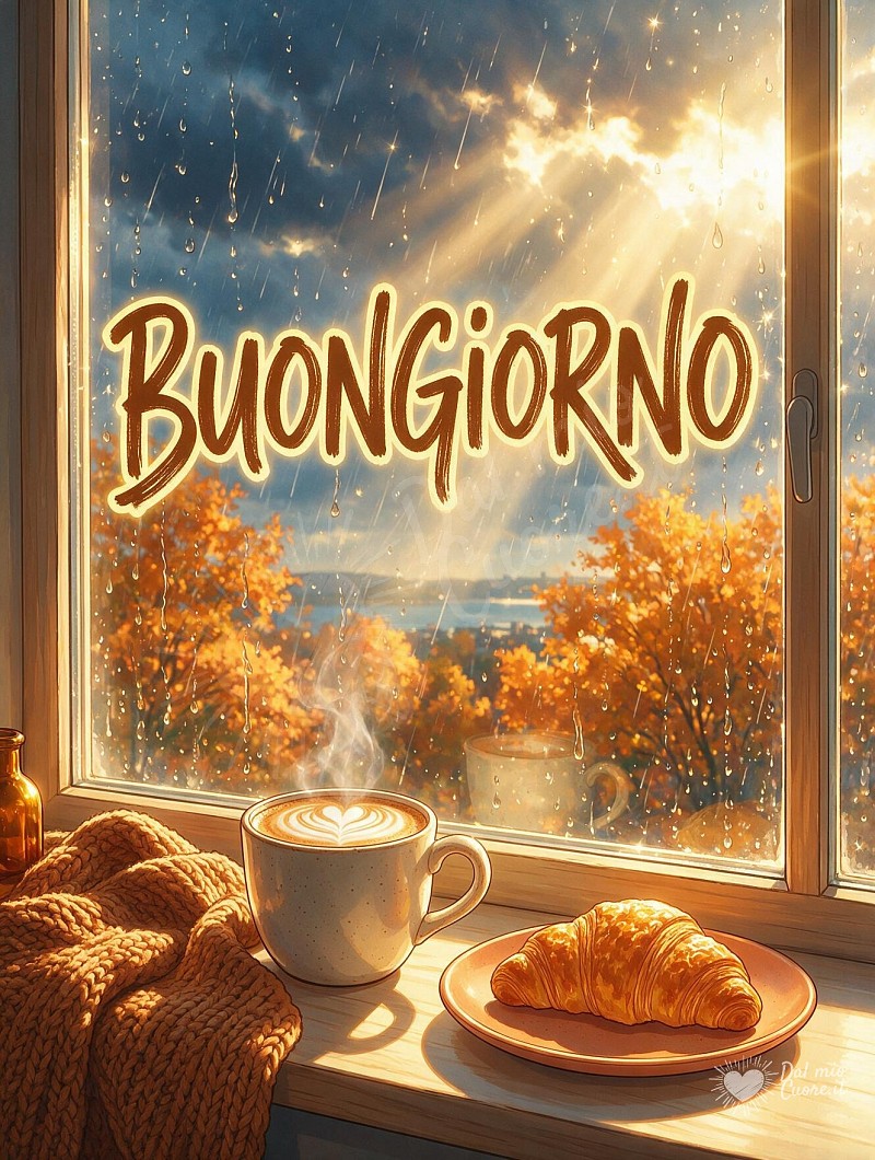 Buongiorno con colazione calda e pioggia alla finestra