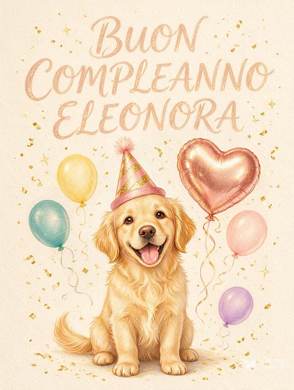 Un tenero cucciolo di golden retriever con cappellino da festa, palloncini pastello e coriandoli luminosi.