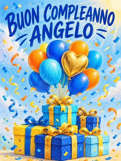 Scatole regalo colorate e palloncini festosi per il compleanno speciale di Angelo.
